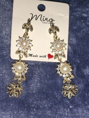 Gold Pearl & Crystal Dangle Earrings